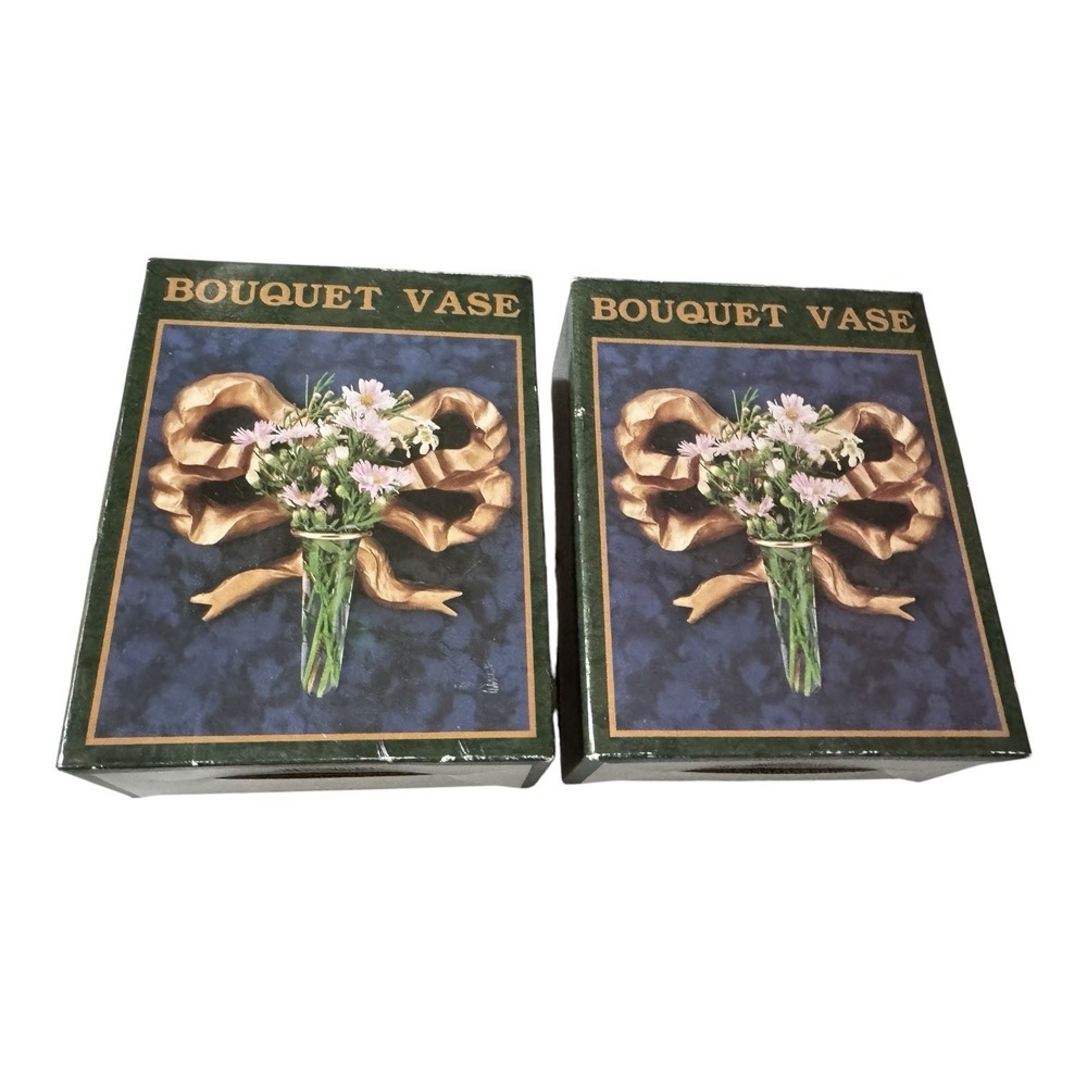 Vintage Gold Tone Bouquet Bud Vase Wall Pocket Set 2 w/ Glass Inserts NOS Box